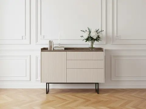 Commode 3 tiroirs 1 porte 118 cm LOUNA beige et effet bois avec tasseaux et LED