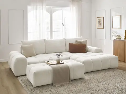 Canapé d'angle convertible coffre EVEREST chiné avec pouf blanc