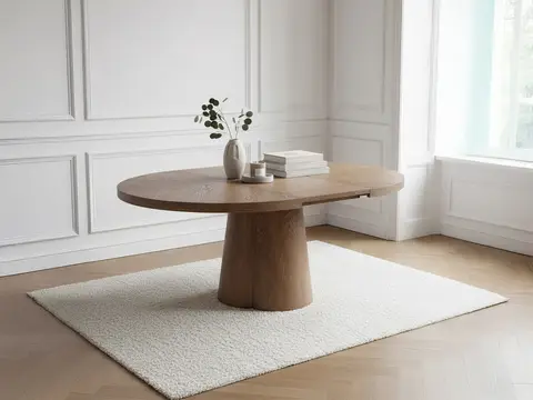 Table à manger ronde extensible 130 à 180 cm SUGITON placage chêne massif marron foncé