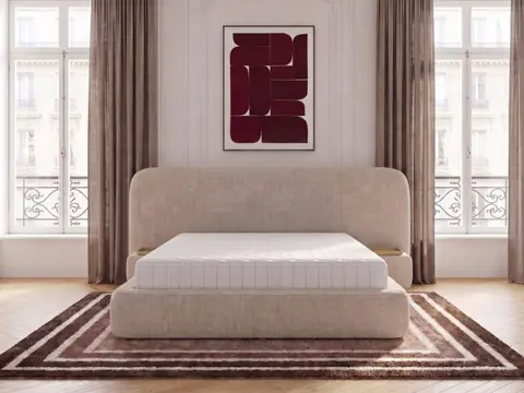 Ensemble avec lit coffre AURAE avec chevets intégrés + matelas hybride beige