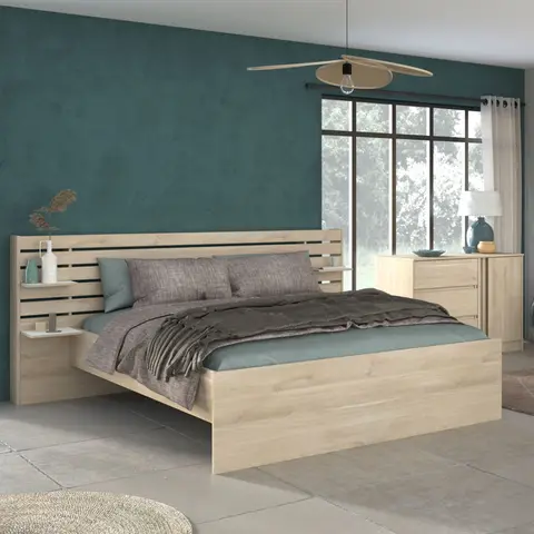 Lit adulte avec tête de lit en bois naturel 140x190/200cm CLEM