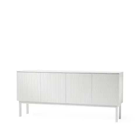 Buffet Beam laqué blanc, structure blanche, plateau en marbre carrara