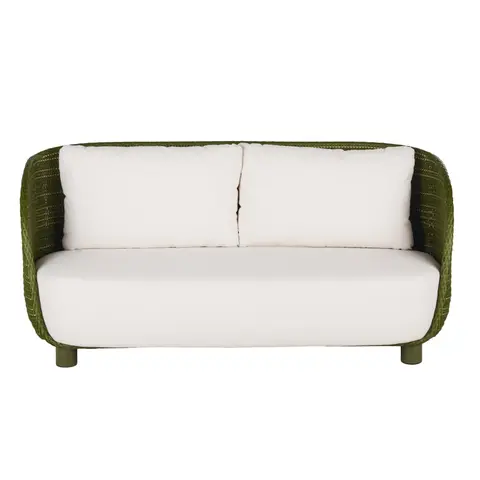 Canapé de jardin 3 places en résine tressée vert kaki et coussins en polyester recyclé beige