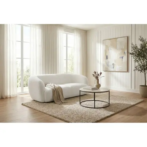 Canapé droit fixe 3 places en tissu peluche Jacinthe — Blanc