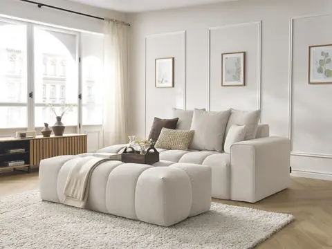 Canapé droit MONT-BLANC chiné avec pouf beige