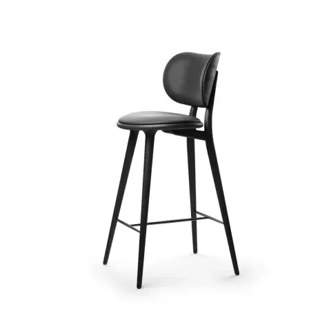 Chaise de bar basse Mater High Stool Backrest cuir noir, support en hêtre lasuré noir