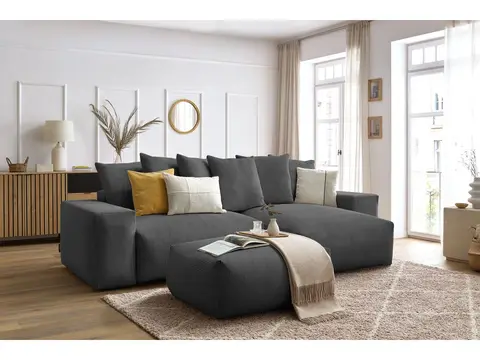 Canapé d'angle réversible convertible coffre VOLTAIRE avec pouf gris foncé