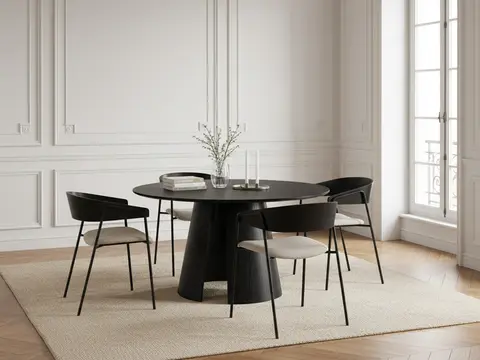 Ensemble GASTON avec table à manger ronde 120 cm placage chêne + chaises SOREN texturé