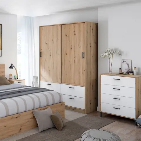 Armoire avec étagères et tiroirs blanc et chêne
