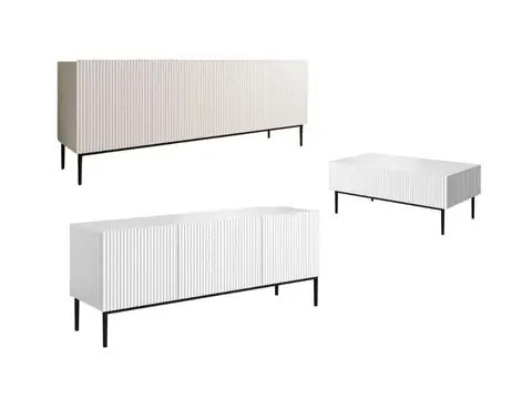 Ensemble KASHA avec meuble TV 200 cm + buffet 4 portes 200 cm + table basse pieds noirs blanc