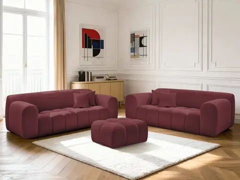 Ensemble canapé droit 3 + 2 places MELISSE chiné avec pouf rouge