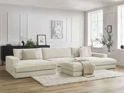 Canapé panoramique LEONARD velours côtelé avec pouf beige
