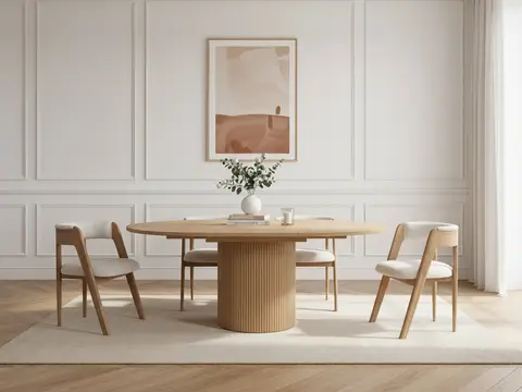 Ensemble SORMIOU avec table à manger ronde extensible 130 à 180 cm + lot de chaises BASTIDE placage chêne marron clair