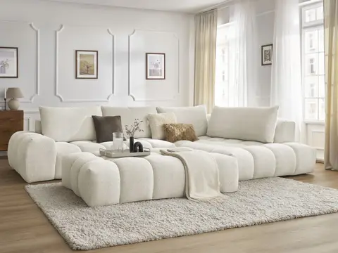 Canapé d'angle EVEREST chiné avec pouf blanc