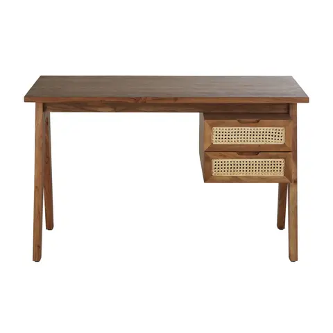 Bureau en bois d'acacia massif et cannage en rotin, L120 cm