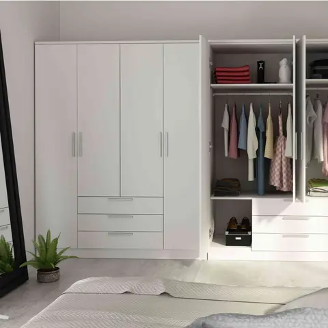 Armoire 4 portes 3 tiroirs en bois blanc - AR9055