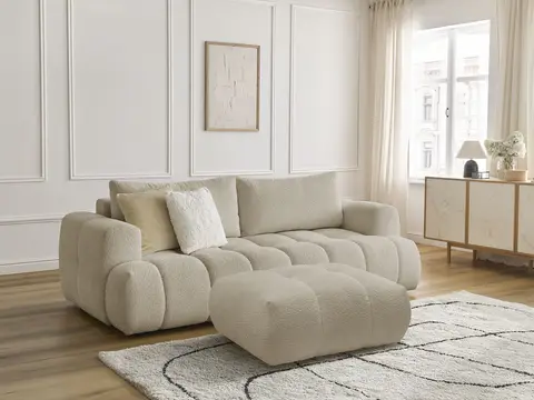 Canapé droit convertible 3 places FUJI bouclette avec pouf beige