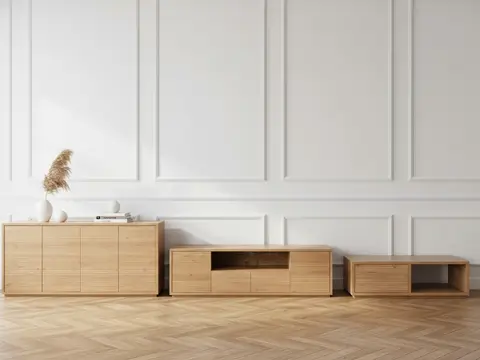 Ensemble FERRET avec buffet 180 cm + meuble TV 180 cm + table basse 100 cm effet tasseaux de bois