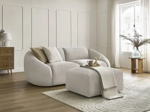 Canapé droit 2 places TINA velours côtelé avec pouf beige