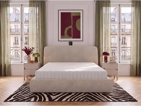 Ensemble avec lit coffre électrique ELIXA texturé + matelas hybride beige