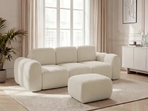 Canapé droit convertible coffre 3 places MONTAIGNE bouclette avec pouf beige