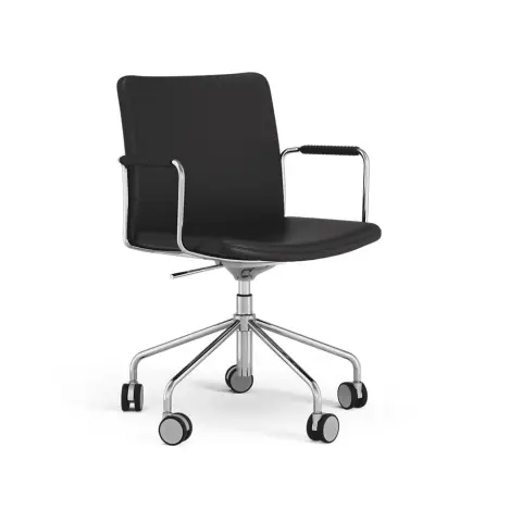 La chaise de bureau Stella peut être montée/abaissée par basculement cuir elmosoft 99999 noir, structure chromée, accoudoirs recouverts de cuir, inclinaison au dos
