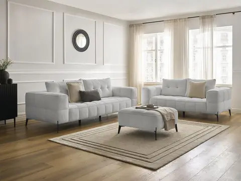 Ensemble canapé droit 3 + 2 places ANIS bouclette avec pouf gris clair