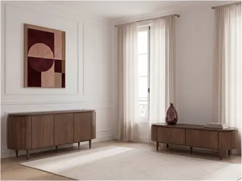 Ensemble SORMIOU avec buffet 180 cm + meuble TV 180 cm placage chêne massif marron foncé