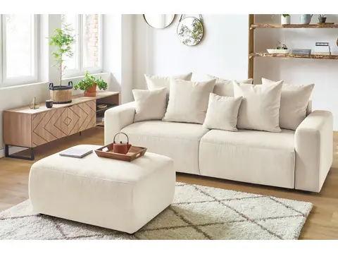 Canapé droit convertible coffre ENVY velours côtelé avec pouf beige