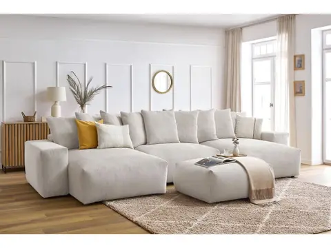 Canapé panoramique convertible coffre VOLTAIRE avec pouf beige