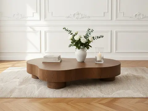 Table basse organique 138 cm CORBUSIER placage chêne massif marron foncé