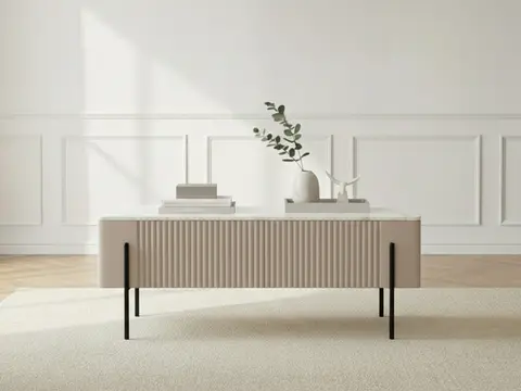 Table basse 2 tiroirs 100 cm MATHILDE plateau effet marbre et pieds noirs beige