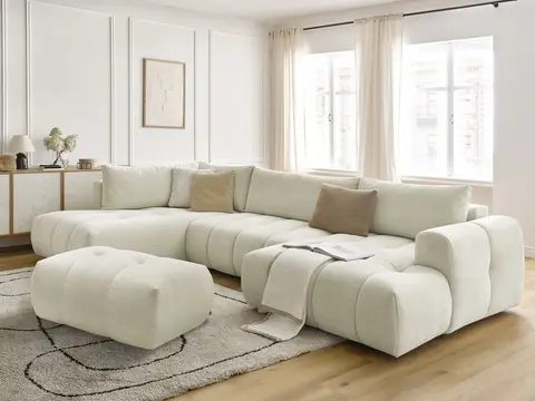 Canapé panoramique convertible FUJI lisse avec pouf beige