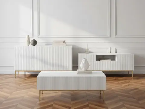 Ensemble KASHA avec meuble TV 150 cm avec niche + buffet 150 cm + table basse pieds or blanc