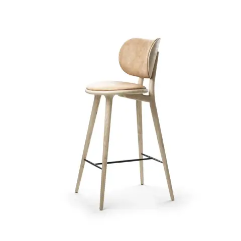 Chaise de bar basse Mater High Stool Backrest cuir naturel, support en chêne laqué mat