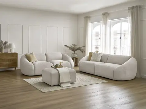 Ensemble canapé droit 3 + 2 places TINA velours côtelé avec pouf beige