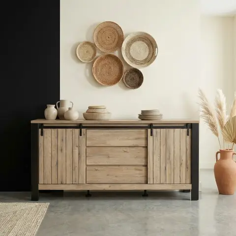 Buffet/bahut industriel 220 cm chêne/noir Simeo Chêne/noir — Chêne